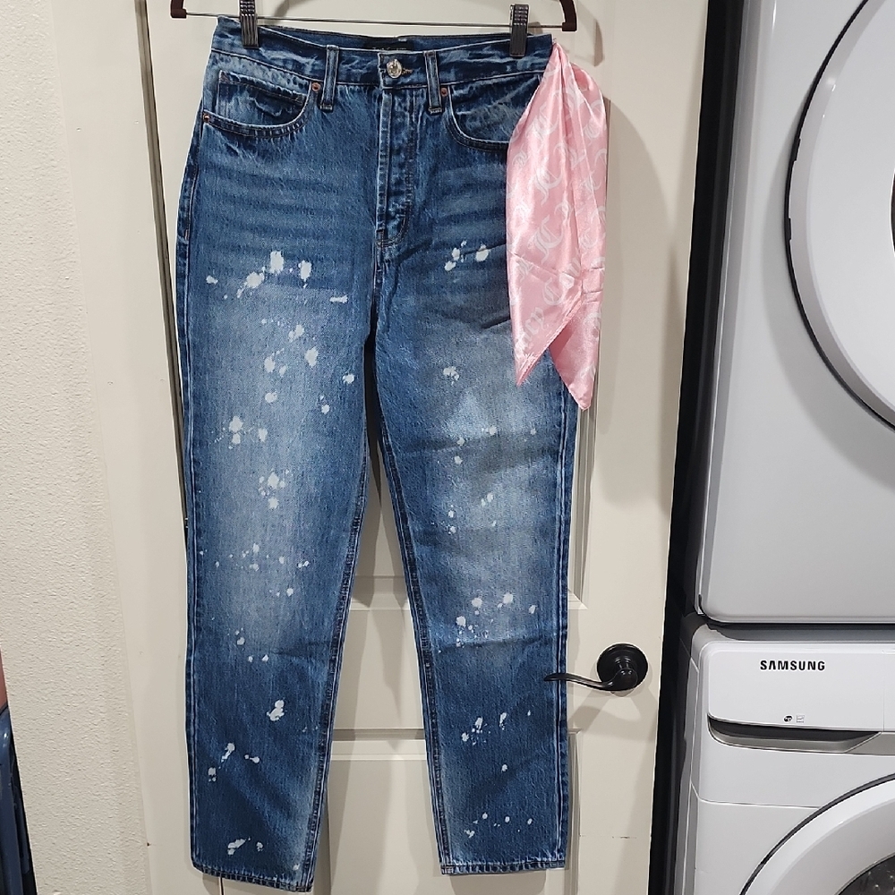 Juicy Couture Paint Splattered Distressed Jeans W/Logo Scarf Belt Size 25 NWT